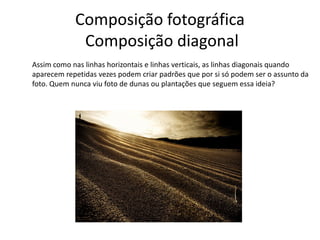 Composição fotográfica
Composição diagonal
Assim como nas linhas horizontais e linhas verticais, as linhas diagonais quando
aparecem repetidas vezes podem criar padrões que por si só podem ser o assunto da
foto. Quem nunca viu foto de dunas ou plantações que seguem essa ideia?
 