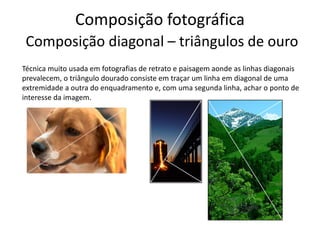 Composição fotográfica
Composição diagonal – triângulos de ouro
Técnica muito usada em fotografias de retrato e paisagem aonde as linhas diagonais
prevalecem, o triângulo dourado consiste em traçar um linha em diagonal de uma
extremidade a outra do enquadramento e, com uma segunda linha, achar o ponto de
interesse da imagem.
 
