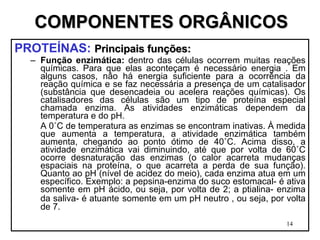COMPONENTES ORGÂNICOS PROTEÍNAS:  Principais funções:   Função enzimática:  dentro das células ocorrem muitas reações químicas. Para que elas aconteçam é necessário energia . Em alguns casos, não há energia suficiente para a ocorrência da reação química e se faz necessária a presença de um catalisador (substância que desencadeia ou acelera reações químicas). Os catalisadores das células são um tipo de proteína especial chamada enzima. As atividades enzimáticas dependem da temperatura e do pH. A 0˚C de temperatura as enzimas se encontram inativas. À medida que aumenta a temperatura, a atividade enzimática também aumenta, chegando ao ponto ótimo de 40˚C. Acima disso, a atividade enzimática vai diminuindo, até que por volta de 60˚C ocorre desnaturação das enzimas (o calor acarreta mudanças espaciais na proteína, o que acarreta a perda de sua função). Quanto ao pH (nível de acidez do meio), cada enzima atua em um específico. Exemplo: a pepsina-enzima do suco estomacal- é ativa somente em pH ácido, ou seja, por volta de 2; a ptialina- enzima da saliva- é atuante   somente em um pH neutro , ou seja, por volta de 7. 