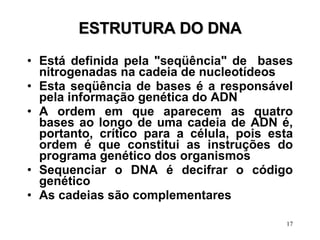 ESTRUTURA DO DNA Está definida pela "seqüência" de  bases nitrogenadas na cadeia de nucleotídeos Esta seqüência de bases é a responsável pela informação genética do ADN  A ordem em que aparecem as quatro bases ao longo de uma cadeia de ADN é, portanto, crítico para a célula, pois esta ordem é que constitui as instruções do programa genético dos organismos  Sequenciar o DNA é decifrar o código genético As cadeias são complementares 