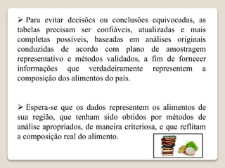  Para evitar decisões ou conclusões equivocadas, as
tabelas precisam ser confiáveis, atualizadas e mais
completas possíveis, baseadas em análises originais
conduzidas de acordo com plano de amostragem
representativo e métodos validados, a fim de fornecer
informações que verdadeiramente representem a
composição dos alimentos do país.
 Espera-se que os dados representem os alimentos de
sua região, que tenham sido obtidos por métodos de
análise apropriados, de maneira criteriosa, e que reflitam
a composição real do alimento.
 
