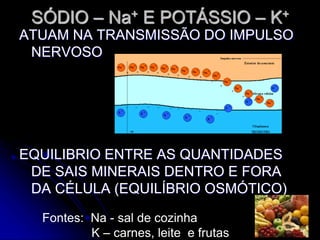 SÓDIO – Na+ E POTÁSSIO – K+
ATUAM NA TRANSMISSÃO DO IMPULSO
NERVOSO
EQUILIBRIO ENTRE AS QUANTIDADES
DE SAIS MINERAIS DENTRO E FORA
DA CÉLULA (EQUILÍBRIO OSMÓTICO)
Fontes: Na - sal de cozinha
K – carnes, leite e frutas
 