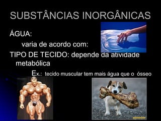 SUBSTÂNCIAS INORGÂNICAS
SUBSTÂNCIAS INORGÂNICAS
ÁGUA:
ÁGUA:
varia de acordo com:
varia de acordo com:
TIPO DE TECIDO: depende da atividade
TIPO DE TECIDO: depende da atividade
metabólica
metabólica
E
Ex.: tecido muscular tem mais água que o ósseo
x.: tecido muscular tem mais água que o ósseo
 