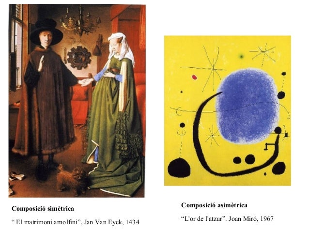 Composició simètrica 
“ El matrimoni arnolfini”, Jan Van Eyck, 1434 
Composició asimètrica 
“L'or de l'atzur”. Joan Miró, ...