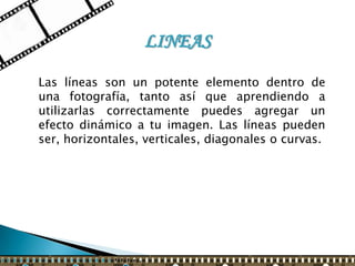 LINEAS

Las líneas son un potente elemento dentro de
una fotografía, tanto así que aprendiendo a
utilizarlas correctamente puedes agregar un
efecto dinámico a tu imagen. Las líneas pueden
ser, horizontales, verticales, diagonales o curvas.
 