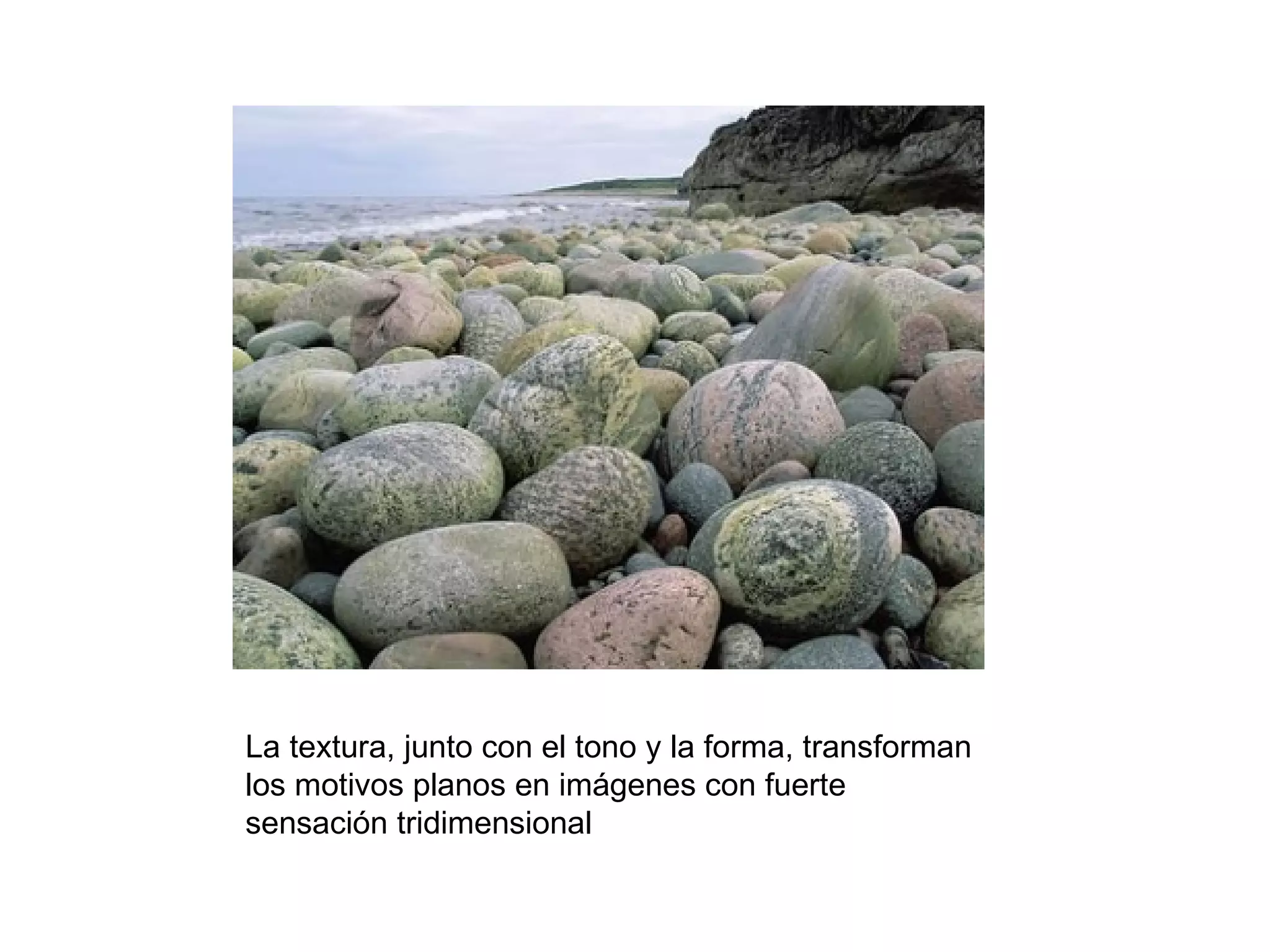 La textura, junto con el tono y la forma, transforman
los motivos planos en imágenes con fuerte
sensación tridimensional
 