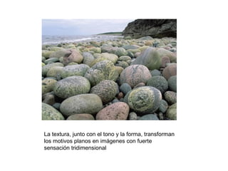 La textura, junto con el tono y la forma, transforman
los motivos planos en imágenes con fuerte
sensación tridimensional
 