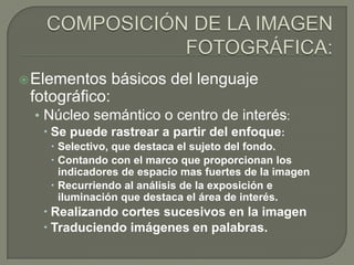  Elementos     básicos del lenguaje
 fotográfico:
 • Núcleo semántico o centro de interés:
    Se puede rastrear a partir del enfoque:
     Selectivo, que destaca el sujeto del fondo.
     Contando con el marco que proporcionan los
      indicadores de espacio mas fuertes de la imagen
     Recurriendo al análisis de la exposición e
      iluminación que destaca el área de interés.
    Realizando cortes sucesivos en la imagen
    Traduciendo imágenes en palabras.
 