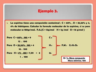 Ejemplo 3.

1.   La aspirina tiene una composición centesimal : C = 60% , O = 35,56% y 4,
     4% de hidrógeno. Calcular la formula molecular de la aspirina, si su peso
     molecular es 180gr/mol. P.A.(C = 12g/mol H = 1g /mol O = 16 g/mol )


Para C = 60% . 180 = 9                  C9
            12 . 100
Para O = 35,56% . 180 = 4               H4          F.M : C9 H4 O8
            16 . 100
Para H = 4% .180 = 7,99 = 8             08
             1 . 100                                 N= %. Masa compuesto
                                                         Masa atómica. 100
 