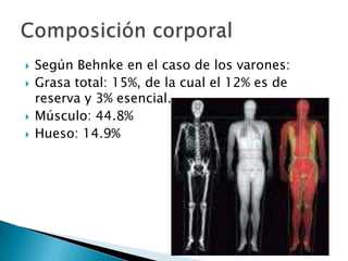    Según Behnke en el caso de los varones:
   Grasa total: 15%, de la cual el 12% es de
    reserva y 3% esencial.
   Músculo: 44.8%
   Hueso: 14.9%
 