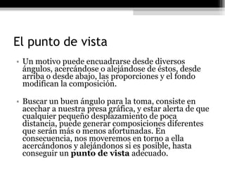 El punto de vista Un motivo puede encuadrarse desde diversos ángulos, acercándose o alejándose de éstos, desde arriba o desde abajo, las proporciones y el fondo modifican la composición. Buscar un buen ángulo para la toma, consiste en acechar a nuestra presa gráfica, y estar alerta de que cualquier pequeño desplazamiento de poca distancia, puede generar composiciones diferentes que serán más o menos afortunadas. En consecuencia, nos moveremos en torno a ella acercándonos y alejándonos si es posible, hasta conseguir un  punto de vista  adecuado. 