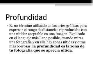 Profundidad Es un término utilizado en las artes gráficas para expresar el rango de distancias reproducidas con una nitidez aceptable en una imagen. Explicado en el lenguaje más llano posible, cuando miras una fotografía y en ella hay zonas nítidas y otras más borrosas,  la profundidad es la zona de tu fotografía que se aprecia nítida . 