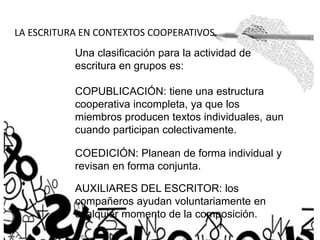 LA ESCRITURA EN CONTEXTOS COOPERATIVOS.
Una clasificación para la actividad de
escritura en grupos es:
COPUBLICACIÓN: tiene una estructura
cooperativa incompleta, ya que los
miembros producen textos individuales, aun
cuando participan colectivamente.
COEDICIÓN: Planean de forma individual y
revisan en forma conjunta.
AUXILIARES DEL ESCRITOR: los
compañeros ayudan voluntariamente en
cualquier momento de la composición.
 