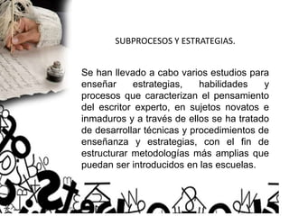 SUBPROCESOS Y ESTRATEGIAS.
Se han llevado a cabo varios estudios para
enseñar estrategias, habilidades y
procesos que caracterizan el pensamiento
del escritor experto, en sujetos novatos e
inmaduros y a través de ellos se ha tratado
de desarrollar técnicas y procedimientos de
enseñanza y estrategias, con el fin de
estructurar metodologías más amplias que
puedan ser introducidos en las escuelas.
 