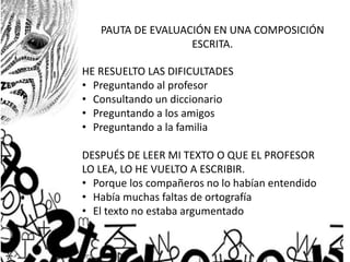 PAUTA DE EVALUACIÓN EN UNA COMPOSICIÓN
ESCRITA.
HE RESUELTO LAS DIFICULTADES
• Preguntando al profesor
• Consultando un diccionario
• Preguntando a los amigos
• Preguntando a la familia
DESPUÉS DE LEER MI TEXTO O QUE EL PROFESOR
LO LEA, LO HE VUELTO A ESCRIBIR.
• Porque los compañeros no lo habían entendido
• Había muchas faltas de ortografía
• El texto no estaba argumentado
 