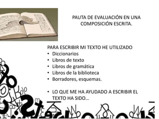 PAUTA DE EVALUACIÓN EN UNA
COMPOSICIÓN ESCRITA.
PARA ESCRIBIR MI TEXTO HE UTILIZADO
• Diccionarios
• Libros de texto
• Libros de gramática
• Libros de la biblioteca
• Borradores, esquemas.
• LO QUE ME HA AYUDADO A ESCRIBIR EL
TEXTO HA SIDO…
 