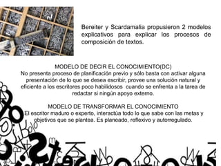 Bereiter y Scardamalia propusieron 2 modelos
explicativos para explicar los procesos de
composición de textos.
MODELO DE DECIR EL CONOCIMIENTO(DC)
No presenta proceso de planificación previo y sólo basta con activar alguna
presentación de lo que se desea escribir, provee una solución natural y
eficiente a los escritores poco habilidosos cuando se enfrenta a la tarea de
redactar si ningún apoyo externo.
MODELO DE TRANSFORMAR EL CONOCIMIENTO
El escritor maduro o experto, interactúa todo lo que sabe con las metas y
objetivos que se plantea. Es planeado, reflexivo y autorregulado.
 