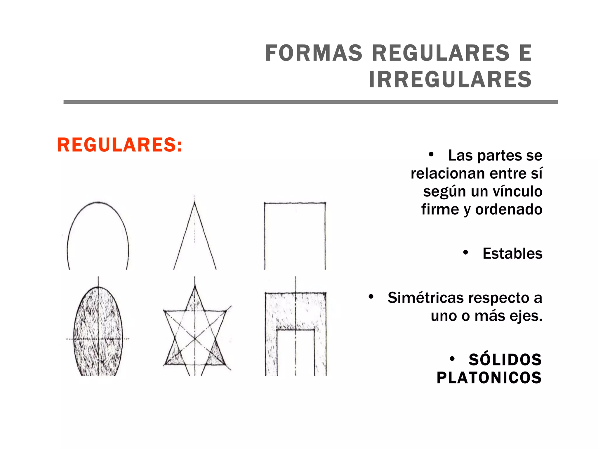 FORMAS REGULARES E IRREGULARES Las partes se relacionan entre sí según un vínculo firme y ordenado Estables Simétricas respecto a uno o más ejes. SÓLIDOS PLATONICOS REGULARES: 