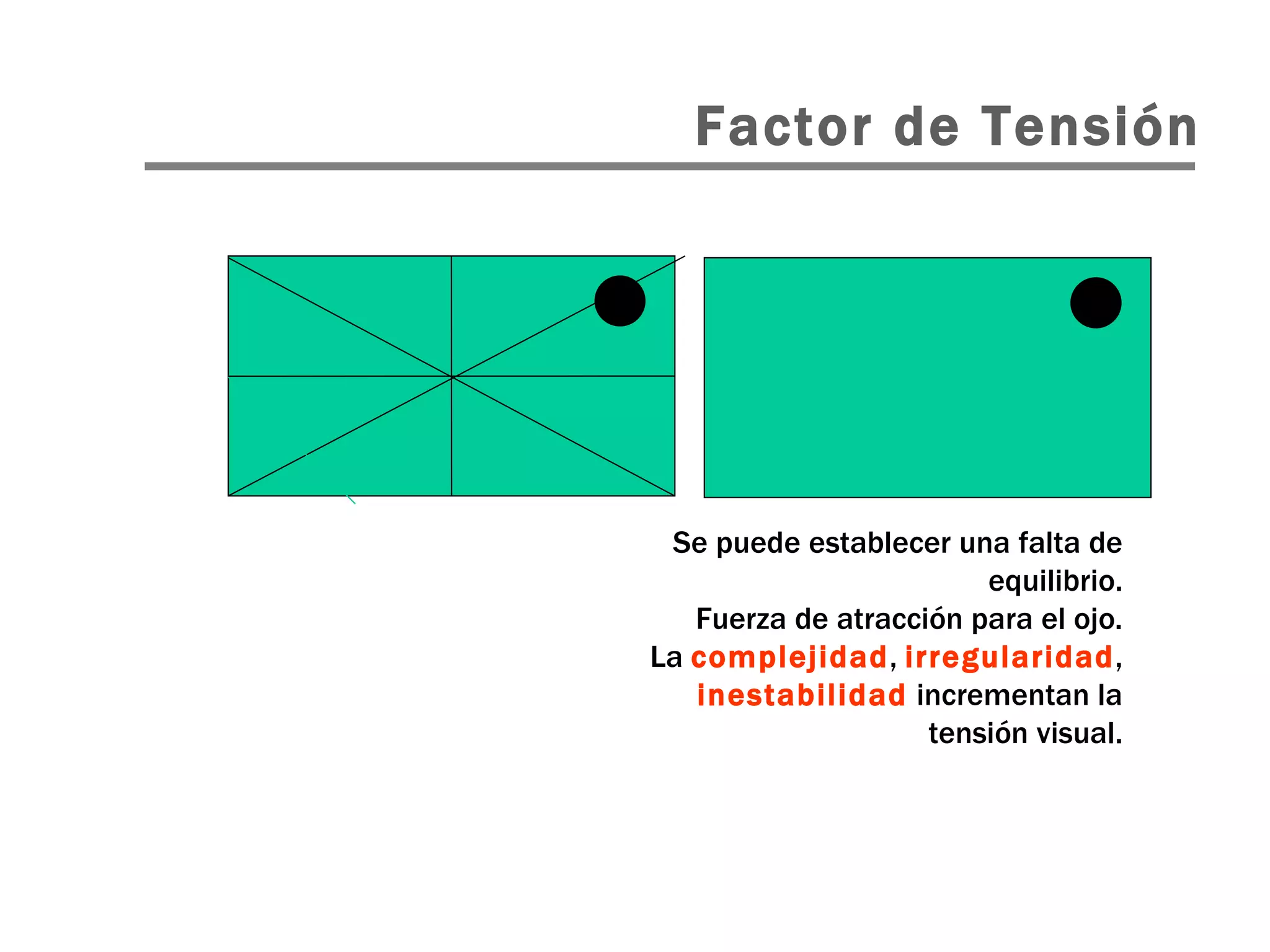 Factor de Tensión Se puede establecer una falta de equilibrio. Fuerza de atracción para el ojo. La  complejidad ,  irregularidad ,  inestabilidad  incrementan la tensión visual. 