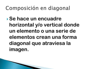  Se

hace un encuadre
horizontal y/o vertical donde
un elemento o una serie de
elementos crean una forma
diagonal que atraviesa la
imagen.

 