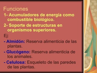 Funciones  1- Acumuladores de energía como combustible biológico. 2- Soporte de estructuras en organismos superiores.  Ej:  - Almidón:  Reserva alimenticia de las plantas. - Glucógeno:  Reserva alimenticia de los animales. - Celulosa:  Esqueleto de las paredes de las plantas. 