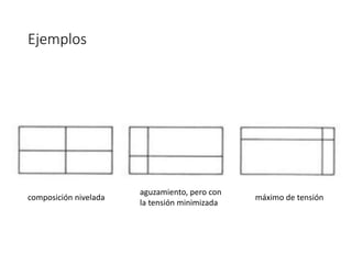 Ejemplos
composición nivelada
aguzamiento, pero con
la tensión minimizada
máximo de tensión
 
