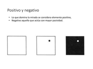 Positivo y negativo
• Lo que domina la mirada se considera elemento positivo,
• Negativo aquello que actúa con mayor pasividad.
 