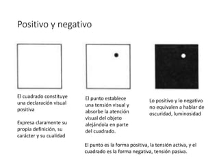 Positivo y negativo
El cuadrado constituye
una declaración visual
positiva
Expresa claramente su
propia definición, su
carácter y su cualidad
El punto establece
una tensión visual y
absorbe la atención
visual del objeto
alejándola en parte
del cuadrado.
Lo positivo y lo negativo
no equivalen a hablar de
oscuridad, luminosidad
El punto es la forma positiva, la tensión activa, y el
cuadrado es la forma negativa, tensión pasiva.
 