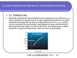 3) CARACTERÍSTICAS FÍSICAS DE LOS MEDIOS ACUÁTICOS



     3.2. TERMOCLINA.
     Gradiente vertical brusco de temperatura que se produce por la mezcla de aguas
       frías y calientes. Es aquella zona de la capa superficial del océano en la cual la
      temperatura del agua del mar tiene una rápida disminución en sentido vertical,
      con poco aumento de la profundidad. capa delgada de agua colocada entre la
      parte superficial más cálida y la más fría del fondo. se caracteríza por el rápido
      cambio de un grado de temperatura o más por metro de profundidad




                              CTM. LA HIDROSFERA. 10-11              12
 