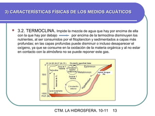 3) CARACTERÍSTICAS FÍSICAS DE LOS MEDIOS ACUÁTICOS



     3.2. TERMOCLINA. Impide la mezcla de agua que hay por encima de ella
      con la que hay por debajo          por encima de la termoclina disminuyen los
      nutrientes, al ser consumidos por el fitoplancton y sedimentados a capas más
      profundas; en las capas profundas puede disminuir o incluso desaparecer el
      oxígeno, ya que se consume en la oxidación de la materia orgánica y al no estar
      en contacto con la atmósfera no se puede reponer este gas.




                             CTM. LA HIDROSFERA. 10-11             13
 