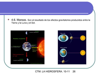    4.6. Mareas. Son el resultado de los efectos gravitatorios producidos entre la
    Tierra y la Luna y el Sol.




                             CTM. LA HIDROSFERA. 10-11          26
 