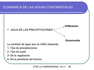 5) DINÁMICA DE LAS AGUAS CONTINENTALES




                                                 Infiltración
     AGUA DE LAS PRECIPITACIONES



                                                 Escorrentía
  La cantidad de agua que se infiltra depende:
  1- Tipo de precipitaciones
  2- Tipo de suelo
  3- De la vegetación
  4- De la pendiente del terreno

                        CTM. LA HIDROSFERA. 10-11   28
 