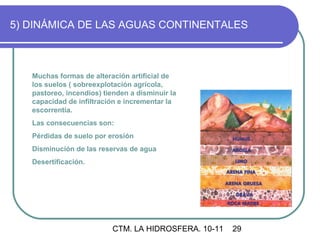 5) DINÁMICA DE LAS AGUAS CONTINENTALES



   Muchas formas de alteración artificial de
   los suelos ( sobreexplotación agrícola,
   pastoreo, incendios) tienden a disminuir la
   capacidad de infiltración e incrementar la
   escorrentía.
   Las consecuencias son:
   Pérdidas de suelo por erosión
   Disminución de las reservas de agua
   Desertificación.




                           CTM. LA HIDROSFERA. 10-11   29
 