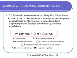 5) DINÁMICA DE LAS AGUAS CONTINENTALES


     5.2. Balance hídrico de una cuenca hidrográfica. Zonas áridas.
      El balance hídrico refleja el balance entre los aportes de agua por
      las precipitaciones ( lluvia, nieve) y su salida mediante
      evapotranspiración, recargas subterráneas y corrientes
      superficiales:


             P= ETR +ES +                  H+         S+ CS
          P: precipitaciones          ETR: evapotranspiración real
          ER: escorrentía superficial          H: cambios de humedad en el suelo
                          S: cambios en el almacenamiento de agua subterránea
          CS: corrientes subterráneas ES: escorrentía superficial


                             CTM. LA HIDROSFERA. 10-11               32
 