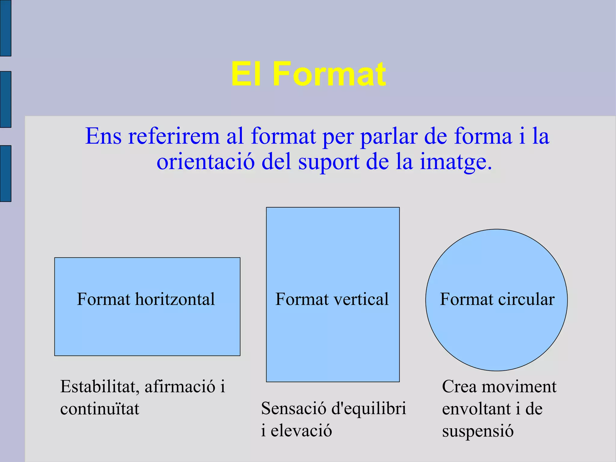 El Format Ens referirem al format per parlar de forma i la orientació del suport de la imatge.  Format horitzontal  Format vertical  Format circular Estabilitat, afirmació i continuïtat Sensació d'equilibri i elevació Crea moviment envoltant i de suspensió  
