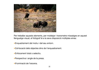 32	

Per treballar aquests elements, per moldejar i transmetre missatges en aquest
llenguatge visual, el fotògraf té a la seva disposició múltiples eines: 
■ Enquadrament del motiu i del seu entorn.
■ Col·locació dels objectes dins de l'enquadrament.
■ Enfocament total o selectiu.
■ Perspectiva i angle de la presa.
■ Il·luminació de l'escena.
 