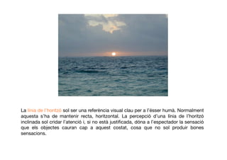 La línia de l'horitzósol ser una referència visual clau per a l’ésser humà. Normalment
aquesta s’ha de mantenir recta, horitzontal. La percepció d’una línia de l’horitzó
inclinada sol cridar l’atenció i, si no està justiﬁcada, dóna a l’espectador la sensació
que els objectes cauran cap a aquest costat, cosa que no sol produir bones
sensacions.
 