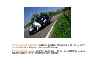 L’enquadrament horitzontal suggereix quietud, tranquil·litat i sol fer-se servir
normalment per a paisatges i per a retrats de grup.
.
L’enquadrament inclinat transmet dinamisme i força i sol utilitzar-se com a
recurs ocasional per fer ressaltar aquestes qualitats.
 