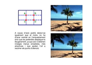 A causa d’això podrà deduir-se
igualment que el motiu no ha
d’anar centrat en l’enquadrament
sinó que és preferible desplaçar-lo
lleugerament, ja que així s’obtenen
imatges menys simplistes, més
atractives i que ajuden l’ull a
recórrer els punts d’atenció.
 