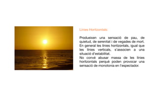 Línies Horitzontals:
Produeixen una sensació de pau, de
quietud, de serenitat i de vegades de mort.
En general les línies horitzontals, igual que
les línies verticals, s’associen a una
situació d’estabilitat. 
No convé abusar massa de les línies
horitzontals perquè poden provocar una
sensació de monotonia en l’espectador.
 