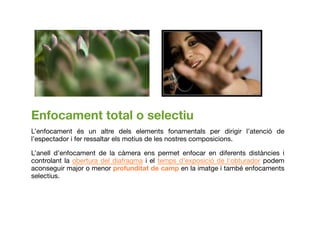 Enfocament total o selectiu
L’enfocament és un altre dels elements fonamentals per dirigir l’atenció de
l’espectador i fer ressaltar els motius de les nostres composicions.
L’anell d’enfocament de la càmera ens permet enfocar en diferents distàncies i
controlant laoberturadeldiafragmai eltemps d’exposició de l'obturadorpodem
aconseguir major o menor profunditat de camp en la imatge i també enfocaments
selectius.
 