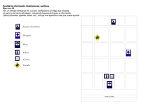 Analizar la información Ilustraciones y gráficos
Ejercicio 18
En un formato vertical de 15 x 23 cm. confeccione un mapa que muestre
 el camino del centro al colegio, incluyendo lugares de interés e información
 (sitios culturales, iglesias, bares, etc.) incluya una leyenda si cree que puede ayudar




                       Estacion de Servicio

                       Hospital

                       Plaza

                       Policia

                       Correo
                       Escuela




                                                                                           FERROCARRIL
 