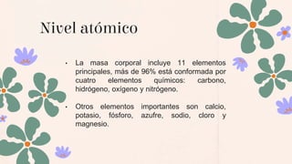 Nivel atómico
• La masa corporal incluye 11 elementos
principales, más de 96% está conformada por
cuatro elementos químicos: carbono,
hidrógeno, oxígeno y nitrógeno.
• Otros elementos importantes son calcio,
potasio, fósforo, azufre, sodio, cloro y
magnesio.
 