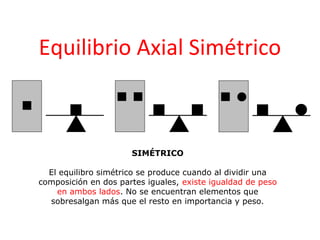 Equilibrio Axial Simétrico



                      SIMÉTRICO

  El equilibro simétrico se produce cuando al dividir una
composición en dos partes iguales, existe igualdad de peso
    en ambos lados. No se encuentran elementos que
  sobresalgan más que el resto en importancia y peso.
 