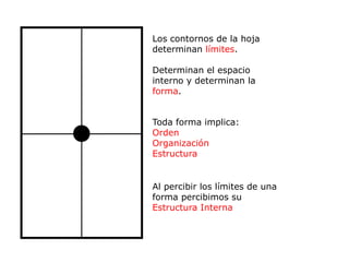 Los contornos de la hoja
determinan límites.

Determinan el espacio
interno y determinan la
forma.


Toda forma implica:
Orden
Organización
Estructura


Al percibir los límites de una
forma percibimos su
Estructura Interna
 