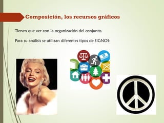 Composición, los recursos gráficos
Tienen que ver con la organización del conjunto.
Para su análisis se utilizan diferentes tipos de SIGNOS:
 