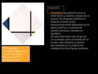 Composición 1MONDRIAN  buscaba la armonía entre forma y espíritu a través de la pintura. Su lenguaje pictórico se reducía a líneas rectas escrupulosamente dispuestas en el plano pictórico y a planos de colores primarios, siempre en equilibrio.En esta obra hace rotar el eje de un cuadrado para convertirlo en un rombo, más dinámico y abierto, que contiene en su interior los vestigios de otras figuras similares.PietMondrian (holandés),Composición 1, 1925, óleo sobre tela,112 x 112 cm Kunsthaus, Zurich.