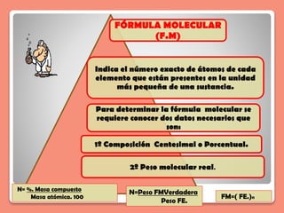 FÓRMULA MOLECULAR
(F.M)
Indica el número exacto de átomos de cada
elemento que están presentes en la unidad
más pequeña de una sustancia.
Para determinar la fórmula molecular se
requiere conocer dos datos necesarios que
son:
1º Composición Centesimal o Porcentual.
2º Peso molecular real.
N=Peso FMVerdadera
Peso FE.
FM=( FE.)n
N= %. Masa compuesto
Masa atómica. 100
 