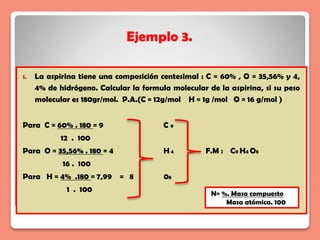 1. La aspirina tiene una composición centesimal : C = 60% , O = 35,56% y 4,
4% de hidrógeno. Calcular la formula molecular de la aspirina, si su peso
molecular es 180gr/mol. P.A.(C = 12g/mol H = 1g /mol O = 16 g/mol )
Para C = 60% . 180 = 9 C 9
12 . 100
Para O = 35,56% . 180 = 4 H 4 F.M : C9 H4 O8
16 . 100
Para H = 4% .180 = 7,99 = 8 08
1 . 100
Ejemplo 3.
N= %. Masa compuesto
Masa atómica. 100
 