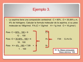 1. La aspirina tiene una composición centesimal : C = 60% , O = 35,56% y 4,
4% de hidrógeno. Calcular la formula molecular de la aspirina, si su peso
molecular es 180gr/mol. P.A.(C = 12g/mol H = 1g /mol O = 16 g/mol )
Para C = 60% . 180 = 9 C 9
12 . 100
Para O = 35,56% . 180 = 4 H 4 F.M : C9 H4 O8
16 . 100
Para H = 4% .180 = 7,99 = 8 08
1 . 100
Ejemplo 3.
N= %. Masa compuesto
Masa atómica. 100
 